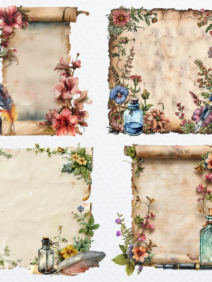 33 PNG Vintage Scroll Bundle, Watercolor Floral Old Paper clipart, Printable Watercolor clipart, Digital download, Paper craft, junk journal