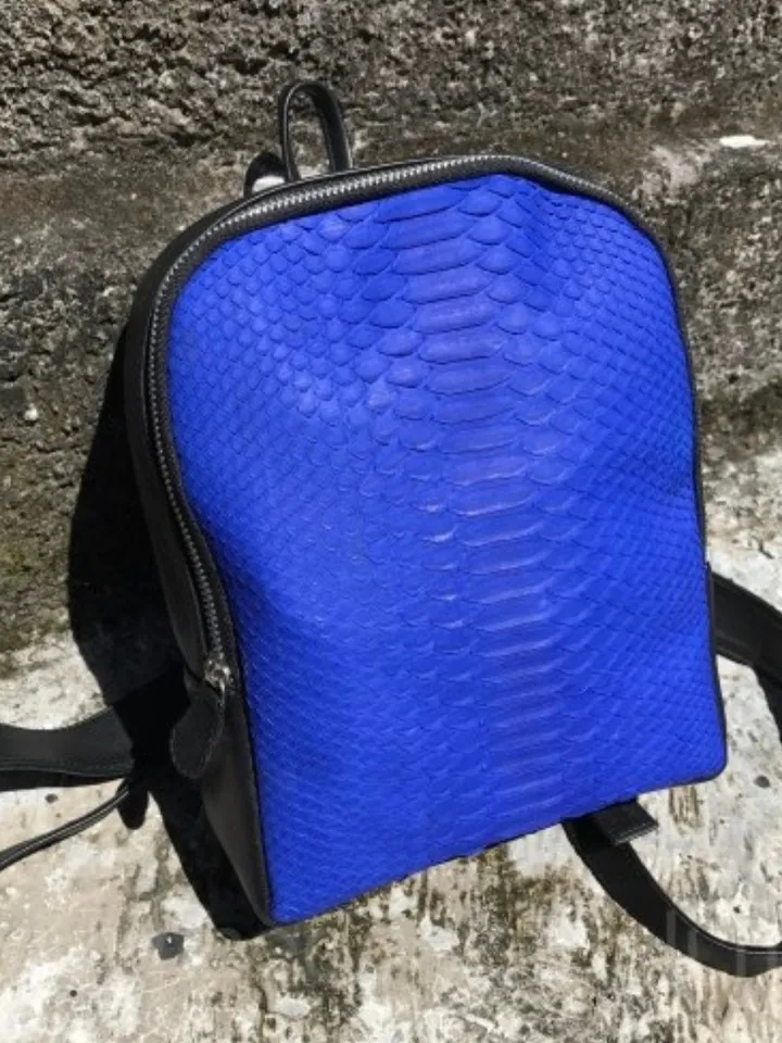 Genuine python skin small backpack | leather backpack electic blue | small designer rucksack | Exotic leather bags | Women handmade bags