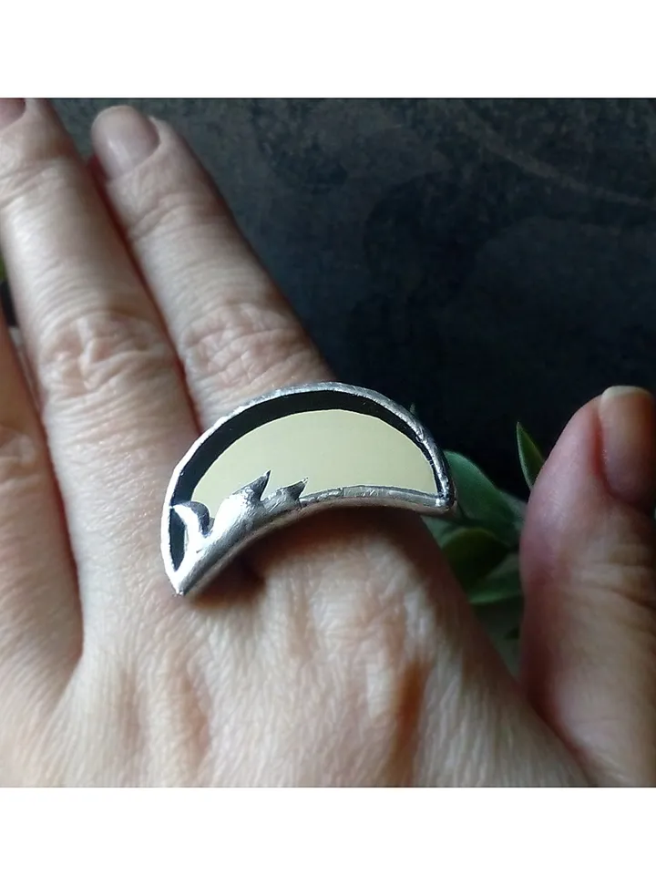 Mirror crescent ring, moon ring, stained glass ring, protection ring, Halloween ring, witchy aesthetic, soldered ring