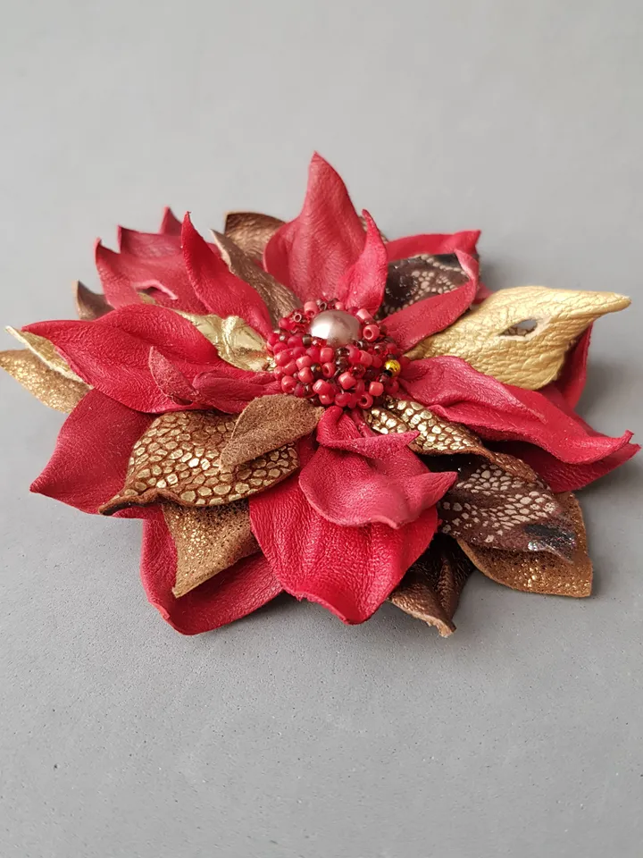 Red leather brooch for her, Leather womens jewelry