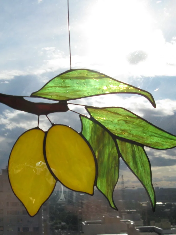 Yellow Lemons on Branch with Green Foliage . Art stained glass window hanging Suncatcher . Leaves leaf , Fruit Kitchen Decor