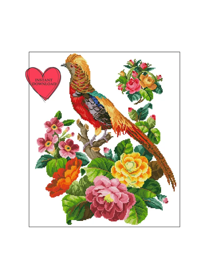 Vintage Pheasant in flowers on a branch cross stitch pattern retro bird sampler primitive cross stitch chart