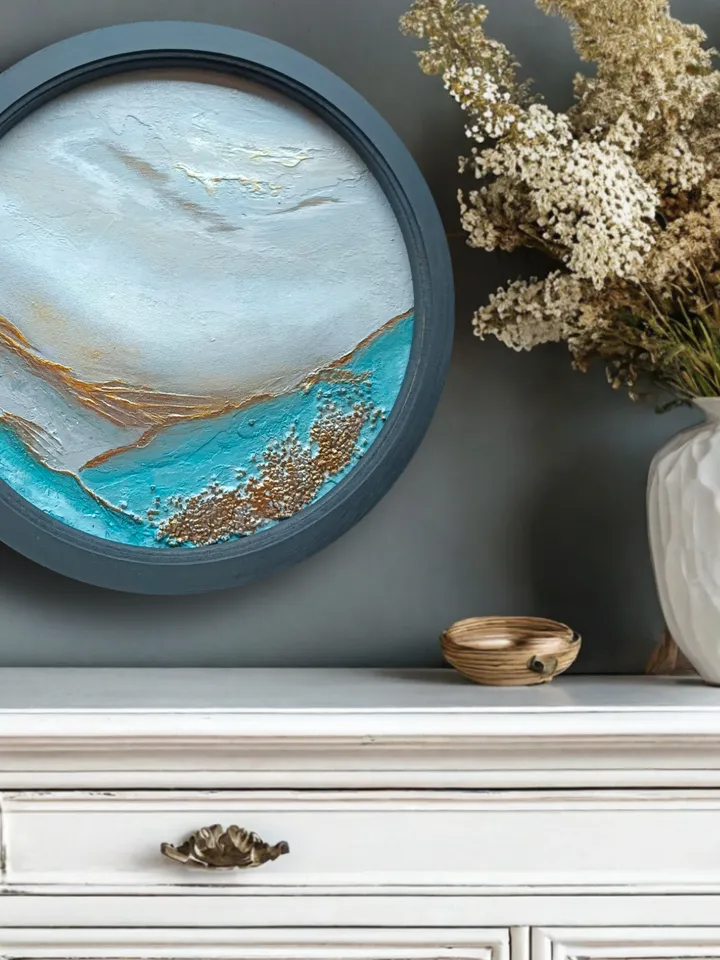 Round painting, Wall decor, round landscape, blue painting