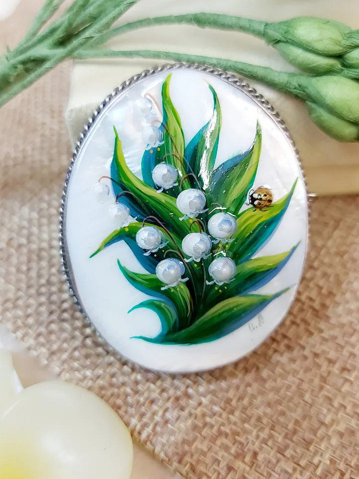 Brooches for women: Lily of the valley and Ladybug on Handmade jewelry brooch, hand painted shell brooch with May flower and lady beetle