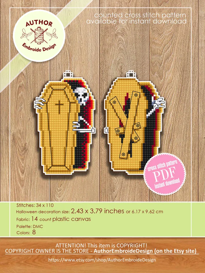 Skeleton in coffin cross stitch pattern PDF download Double-sided Halloween ornament cross stitch plastic canvas, Halloween tree decor #H74