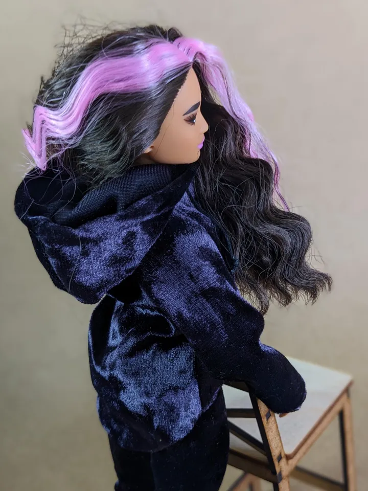 Handmade casual purple velvet two-piece set (hoodie and leggings) for 1/6 scale fashion female dolls