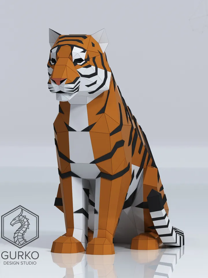 Sitting Tiger Papercraft, Cat, Digital Template, PDF Download, Gurko, 3D Low Poly, Pepakura, DIY Origami Sculpture, Paper Party Decoration