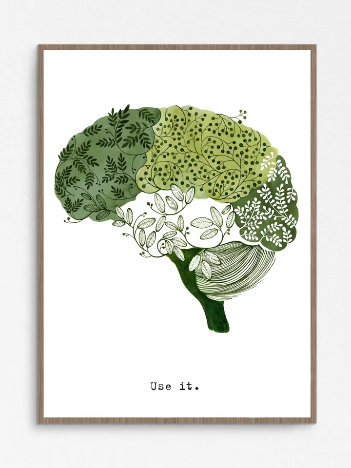 Watercolor poster "USE IT", green brain illustration