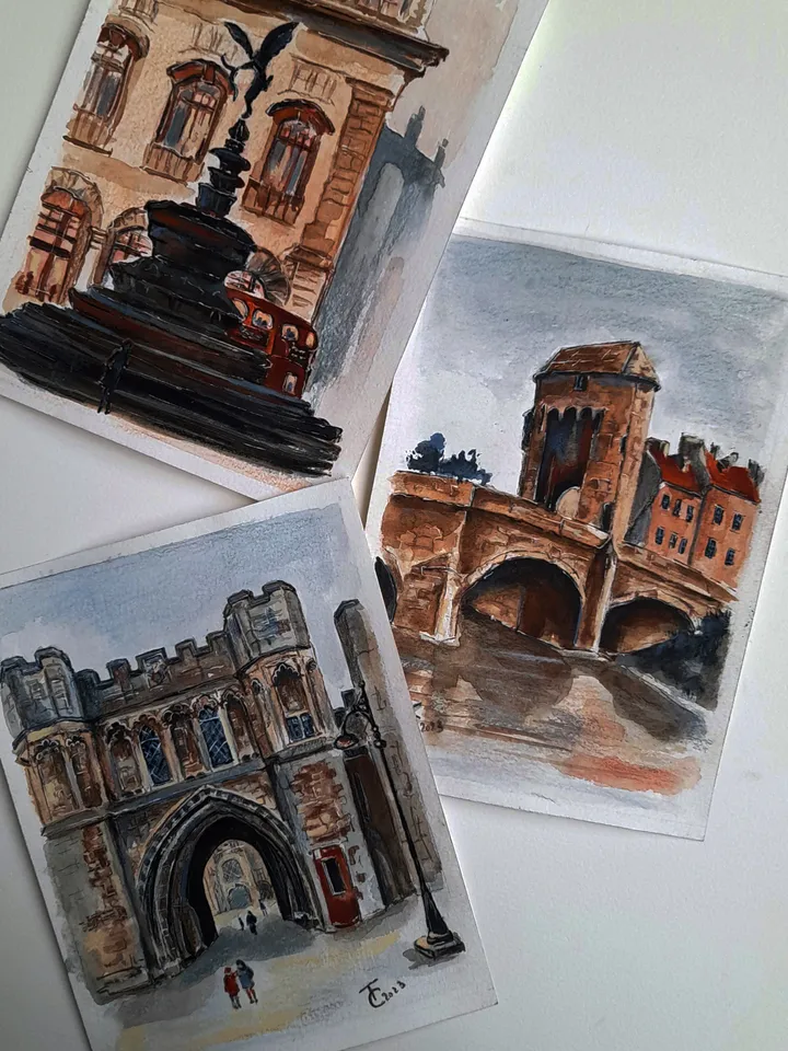 Watercolor paintings Saxon spirit set of 3 pieces. Series British sketches 5,3 х 7,3 inches