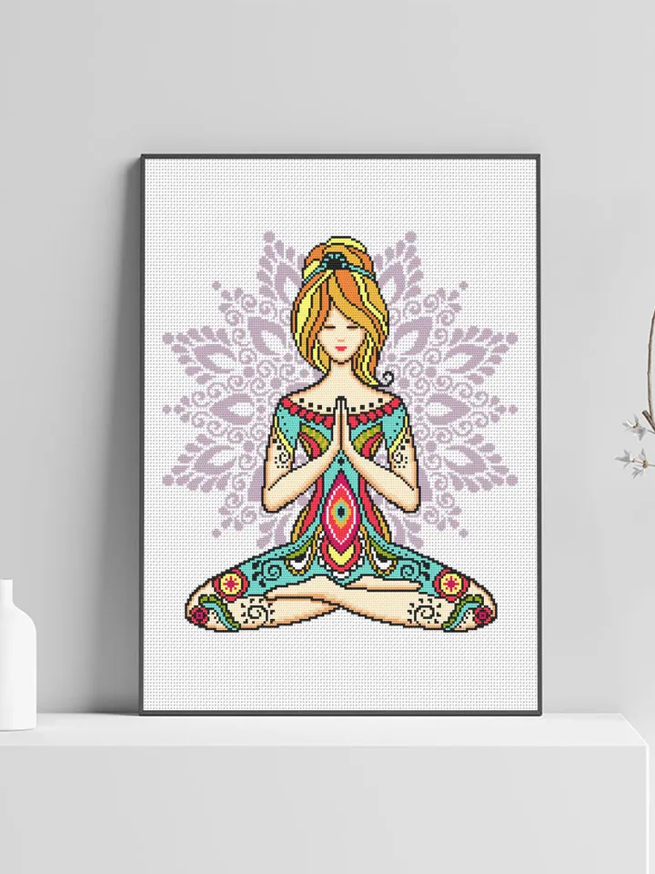 Yoga girl with mandala cross stitch pattern download PDF Yoga cross stitch chart, Chakra meditation cross stitch, Yoga art, Home decor #M187