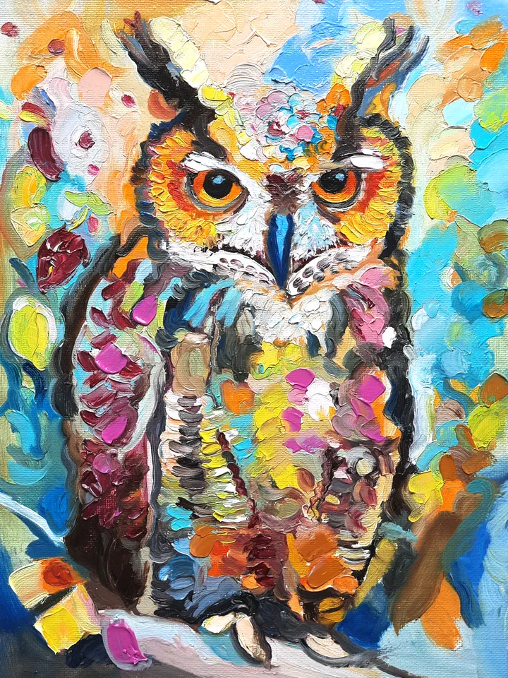 Owl Art Bird Oil Impasto  Oil Painting Original Oil painting 12*8