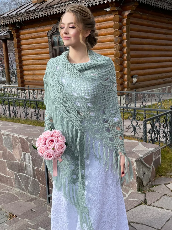 Mint wedding shawl fringe, Bridal cape lace, Bride shawl winter, Bridesmaid shawl gifts , Triangle wool shawl , Cover up bridal party shawl