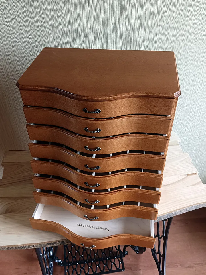 Floss storage cabinet for DMC floss bobbins and skeins, Stitching drawer box with curved faces in vintage style