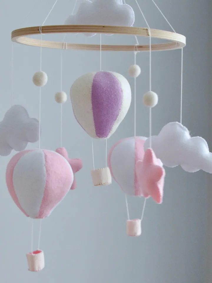 Hand sewn  baby mobile for nursery decor with Hot air balloons,clouds and stars