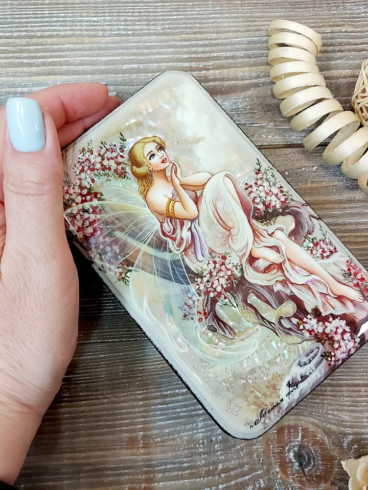 Beautiful Russian Lacquer Box "Forest fairy" Hand painted miniature painting jewelry box Mother of pearl Papier mache Art gift Fedoskino