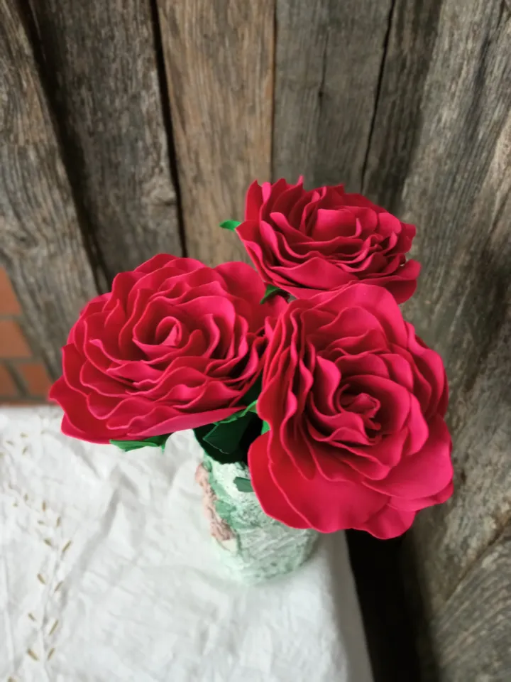 Selling Title: Elegant Composition of 3 Red Roses in a Vase - Completely handmade. Gift for her