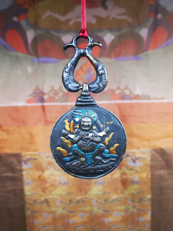 Gandhanra Vintage Tibetan Buddhist Calendar Badge,Panjaranata Mahakala Melong Mirror, SIPAHO Amulet(srid pa ho),Made of Brass,1.89&quot;