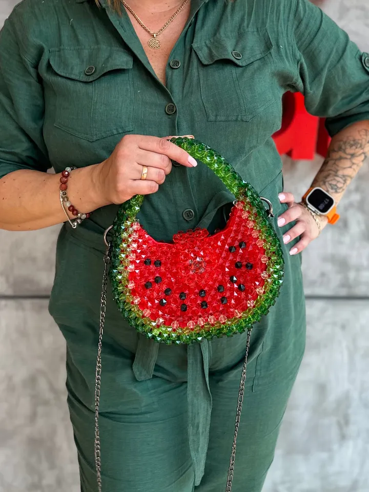 Watermelon beaded handbag, women bag, shoulder bead bag, purse for summer, bridesmaid woven bag, festival bag, small crossbody, luxury gift