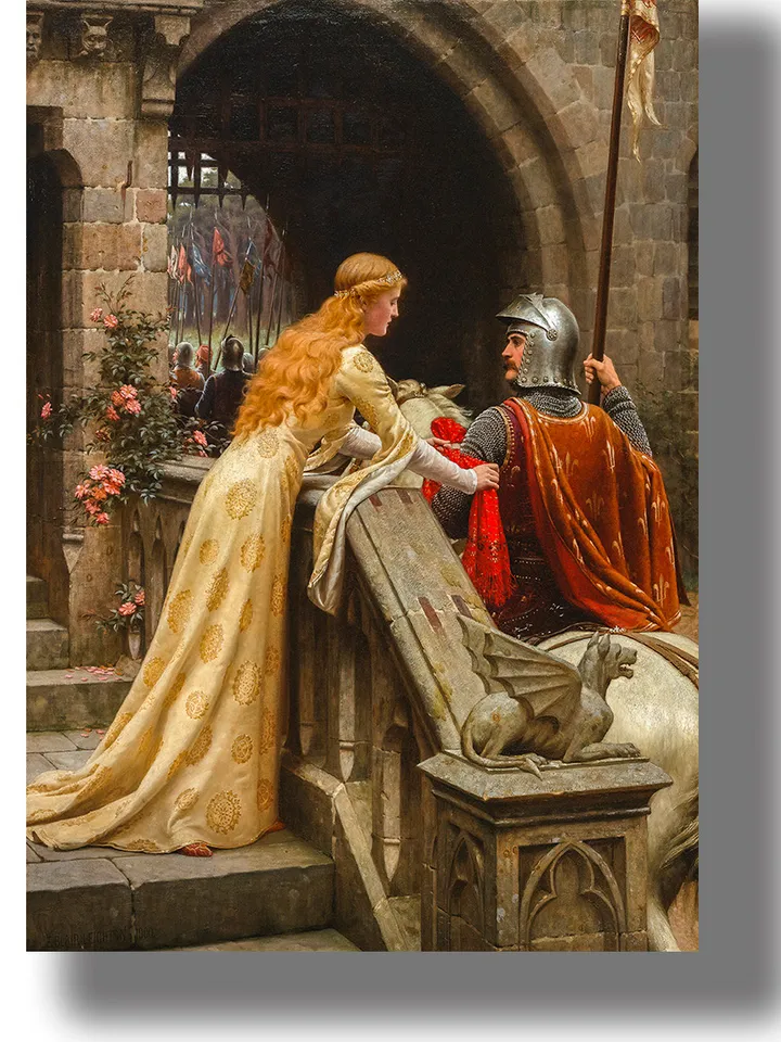 GodSpeed! Lady blesses a knight going to war. Pre-Raphaelite painting reproduction.