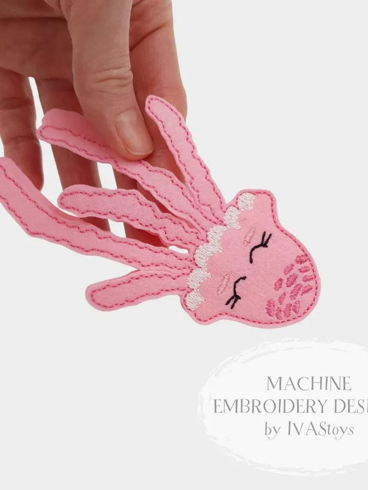 Jellyfish Finger Puppets ITH Embroidery Design Set (4 pcs), Cute Ocean Animals Felt Puppet Pattern, Sea Life Toy Digital File