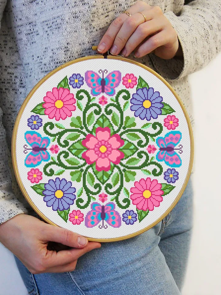 Floral mandala cross stitch pattern PDF download Mandala butterfly cross stitch chart, Summer mandala ornament for hand embroidery PDF #M149