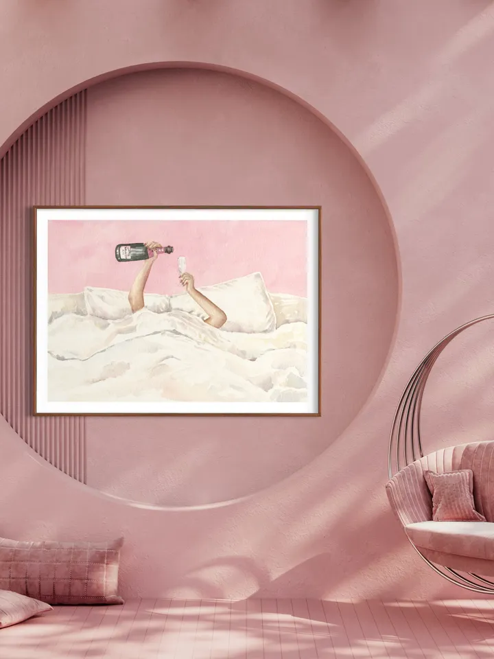 Pink Champagne Bottle Watercolor Illustration Wall Art Print, Feminine Art, Bar Decor, Cocktail Poster, Preppy Bar Cart, Apartment Decor