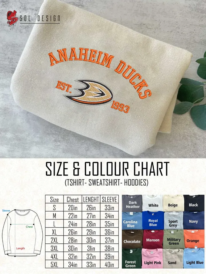 Anaheim Ducks Est 1993 Embroidered Sweatshirt, NHL Team Embroidered Sweater, NHL Anaheim Ducks Shirt, Hockey Team Embroidered Hoodie, Unisex Crewneck, NHL Hockey Team Fan Gift Tee
