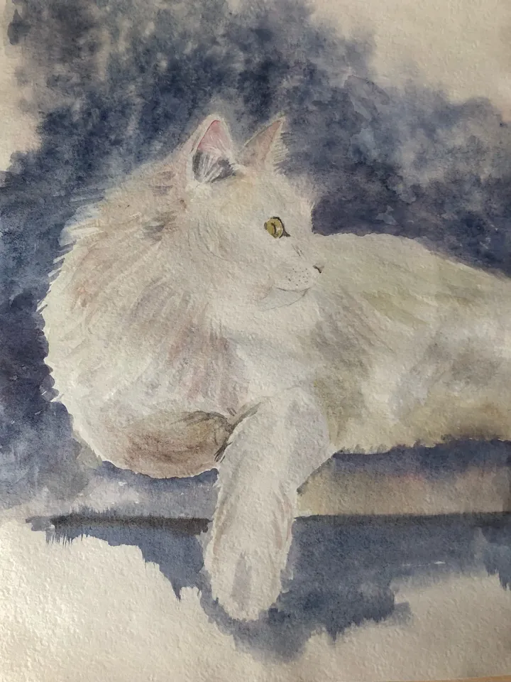 Original Watercolor painting Animal Wildlife White Cat Portrait