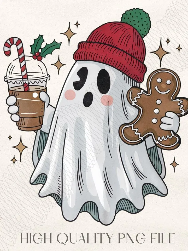 Vintage Christmas Ghost PNG for Retro Coffee Decor & Halloween Fun, Holiday PNG, Boojee Ghost - Spooky Holiday Decor, Christmas Trending Png