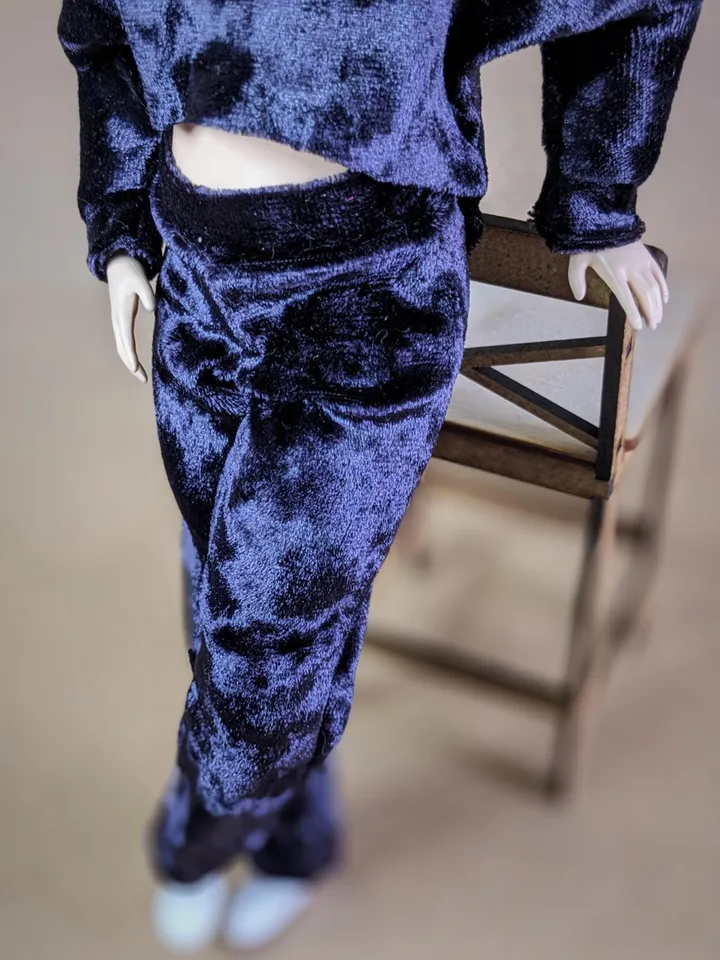 Handmade casual purple velvet two-piece set (long-sleeve and pants) for 1/6 scale fashion female dolls