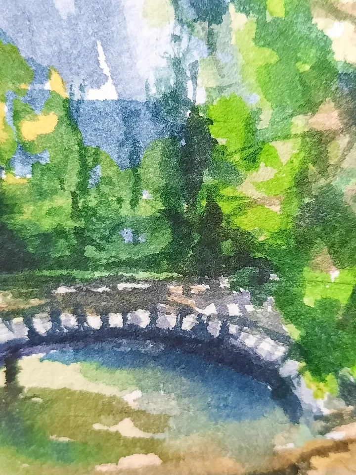 Bridge painting Original watercolor painting Mountain landscape Forest painting