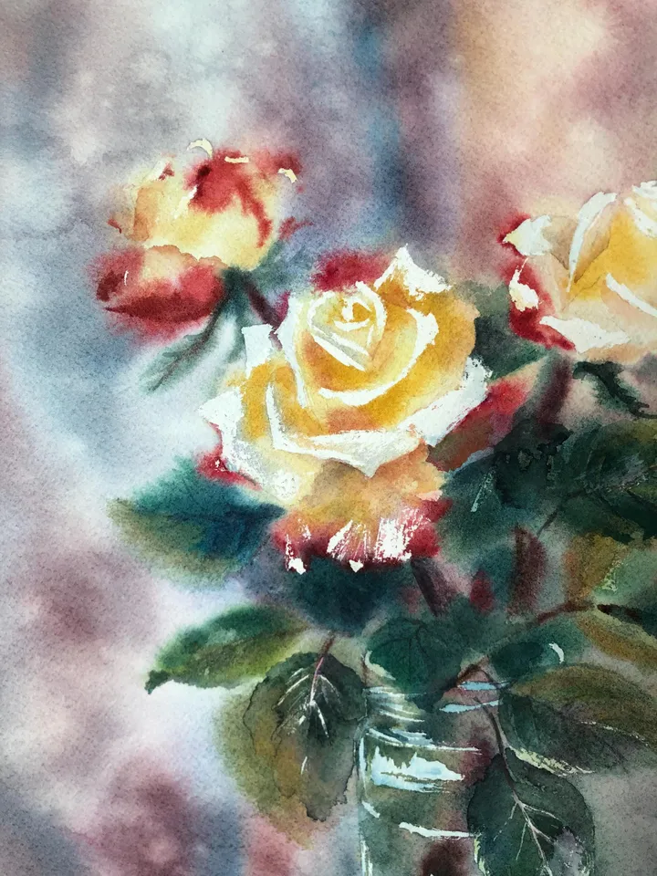 Roses Original Painting Flowers Watercolor Floral Wall Art Blooming Painting