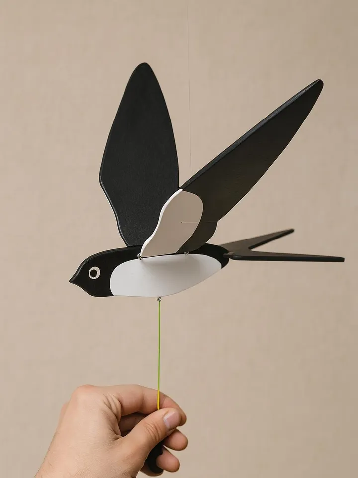 Wooden Swallow Mobile - Handmade Flying Bird Decor with Moving Wings | Natural Wood Gift for Kids, Nursery or Garden Wall Decoration