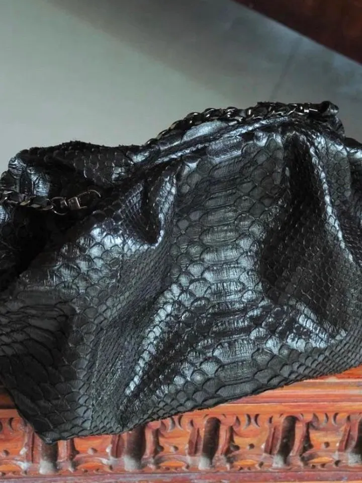 Genuine python skin black pouch bag | exotic leather bags | small size soft clutch | snakeprind designer bag | gift for her | classy purse