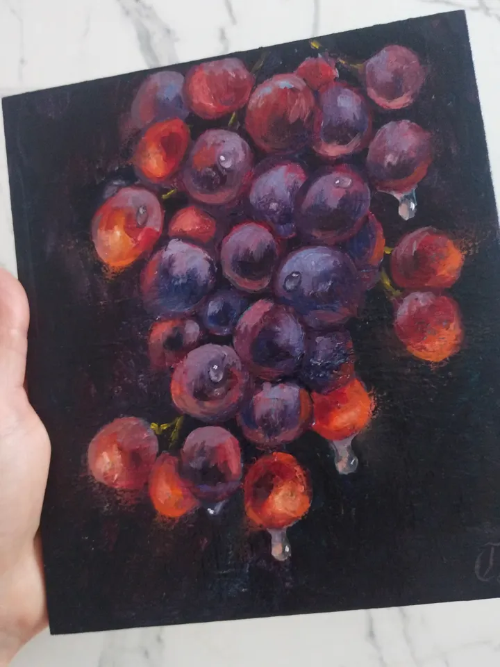 Original Grape oil painting, Lucent Fruit miniature art, Small fine art on panel