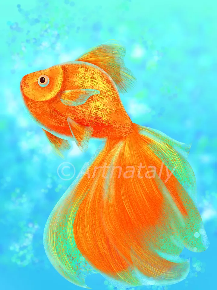 Digital art painting gold fish | Illustration hand drawing goldfish - simbol feng shui