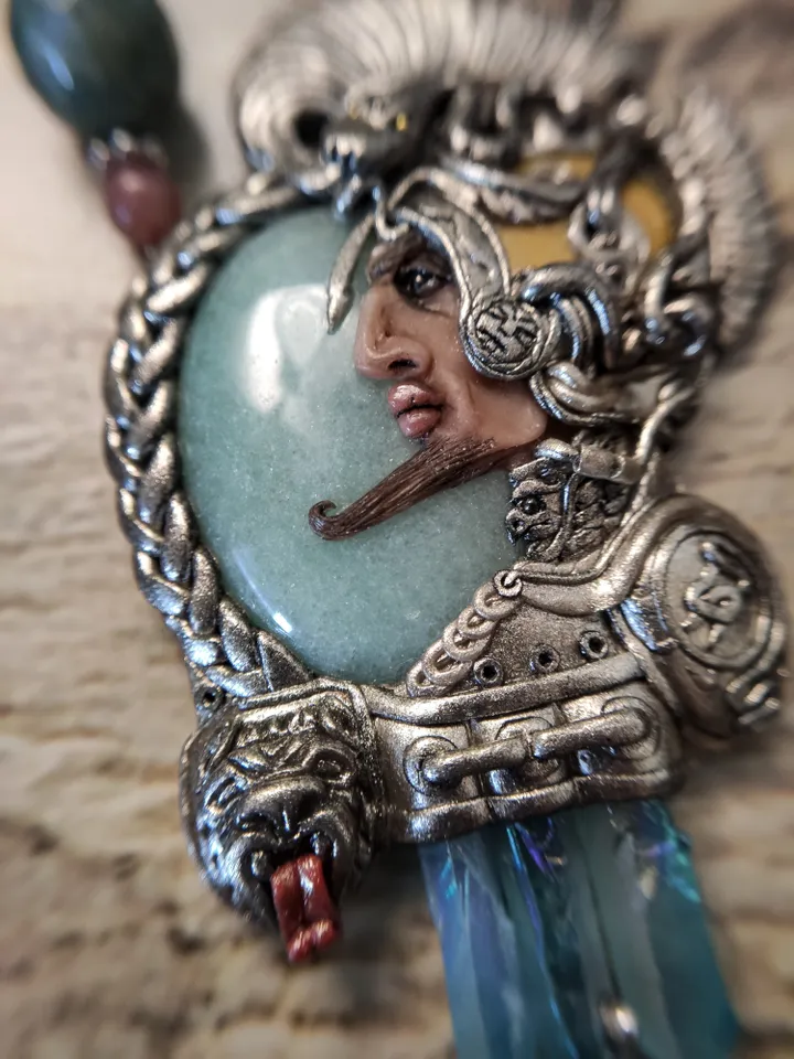 Aztec Warrior Necklace, Warrior Cameo, Aventurine Necklace, Silver Art Necklace