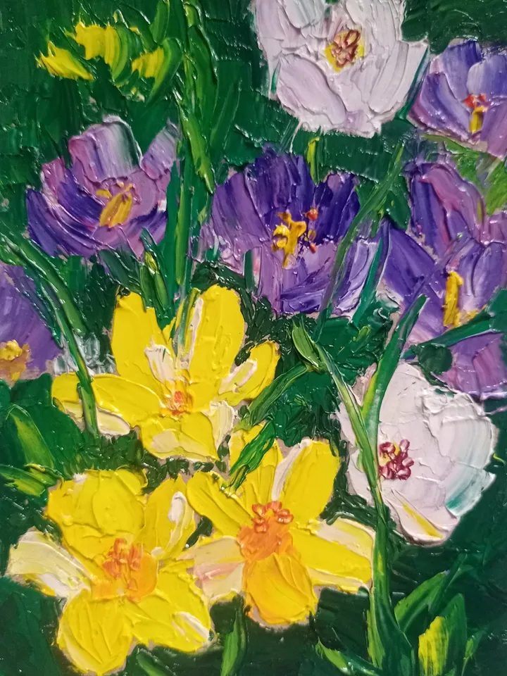 spring vibrant colorful flowers oil painting original painting original portrait of flower wall art crocuses impasto artwork yellow flowers