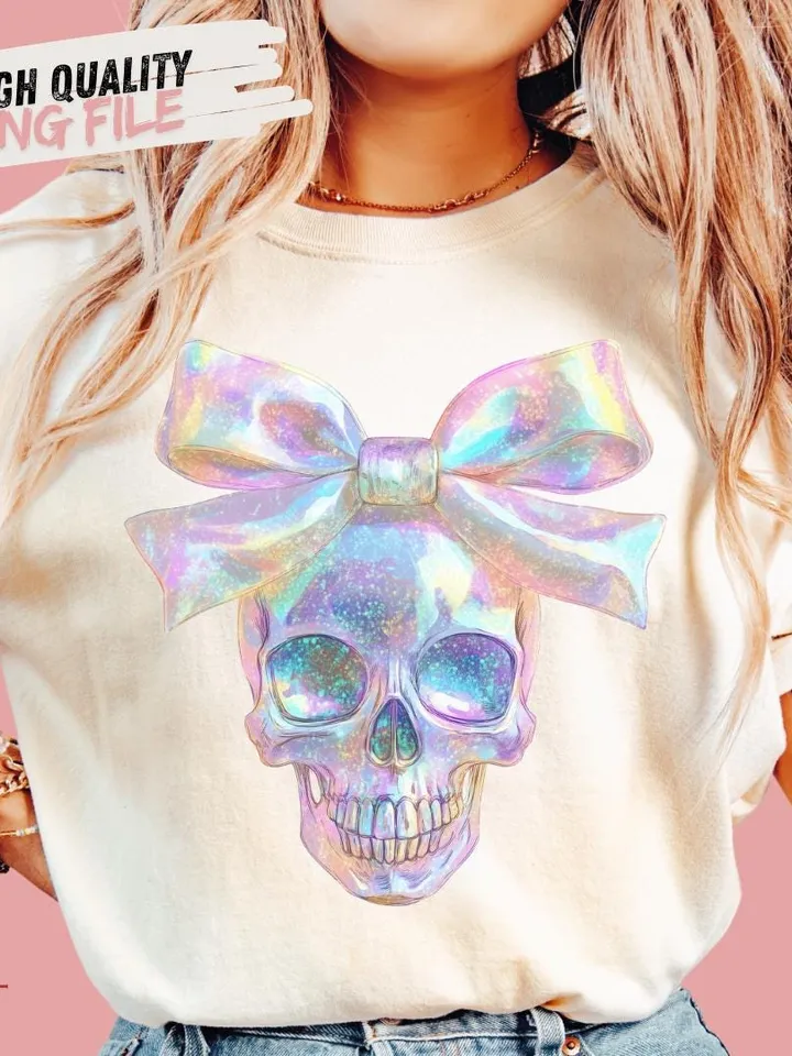 Iridescent Skull PNG, Coquette Halloween Design, Iridescent Ghost Skull Design, Halloween PNG, Girly Halloween Png, Cute Gothic Png
