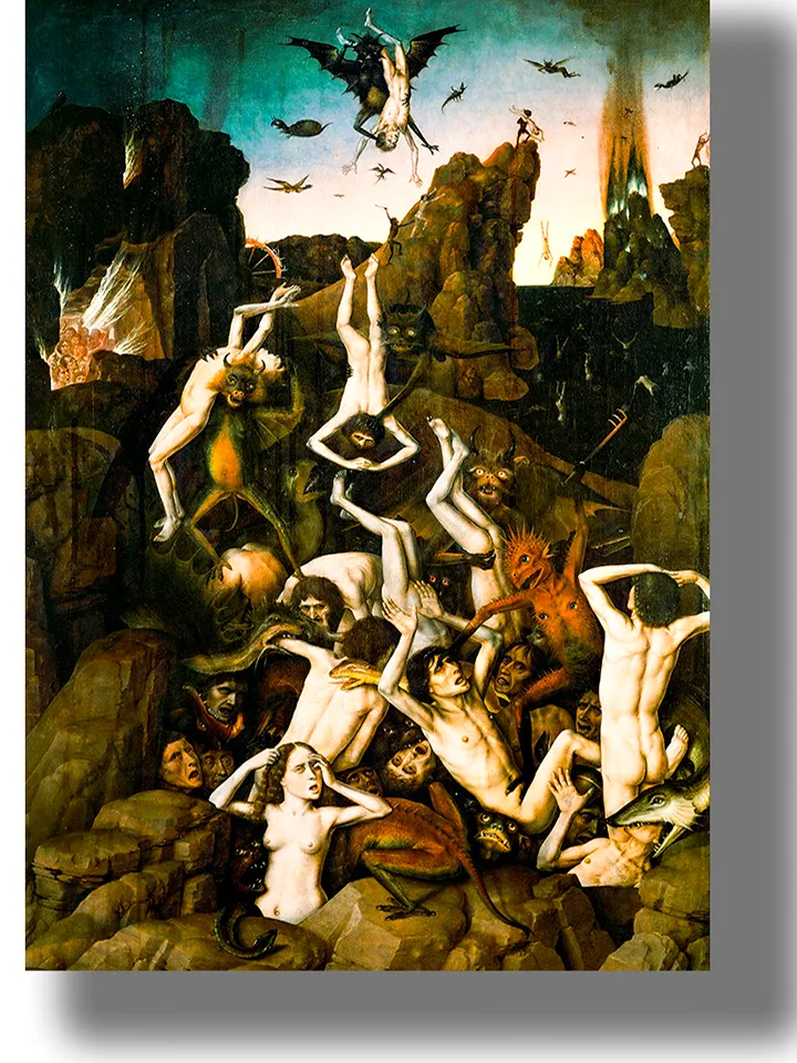 The Overthrow of the Damned in Hell. Medieval religious poster. Hell art print.