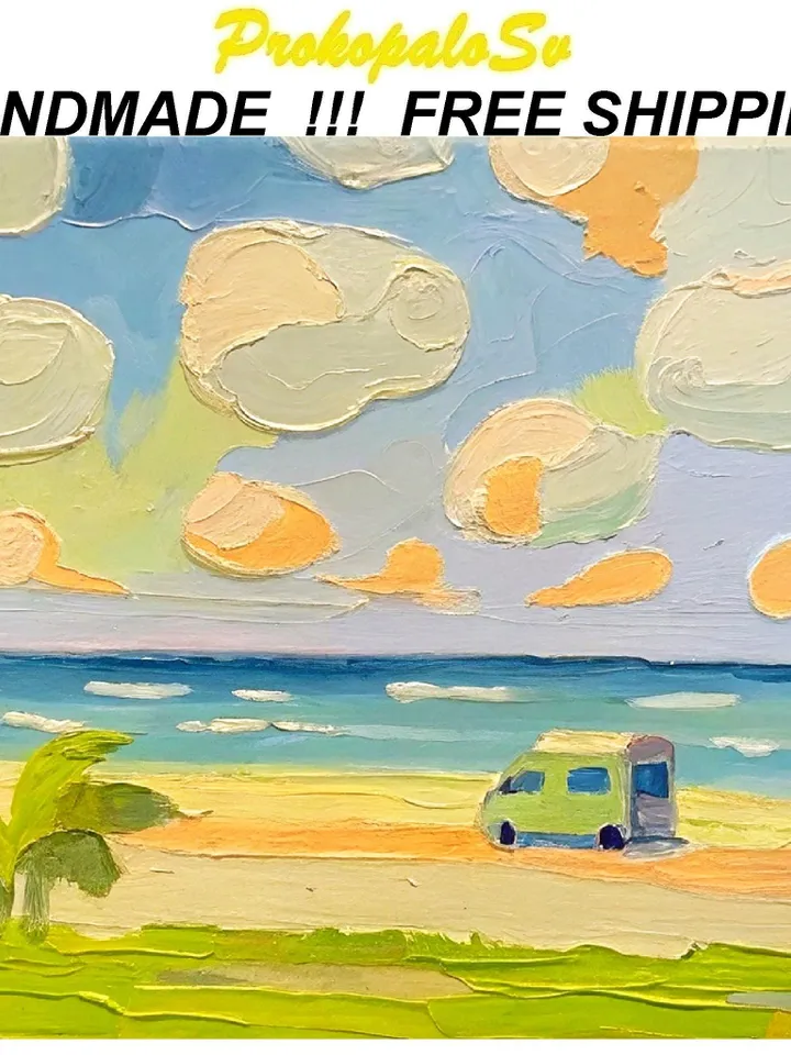 San Diego Beach Travel Original Art Impasto Oil Painting Small Camper Vanlife Impressionist Artwork Gift by ArtProkopaloSv