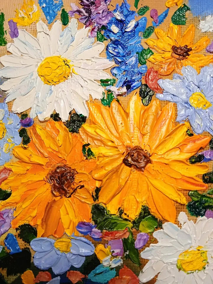 Oil Painting Bright Flowers Chamomile Sunflowers Impasto Art Miniature 6 x 6 in