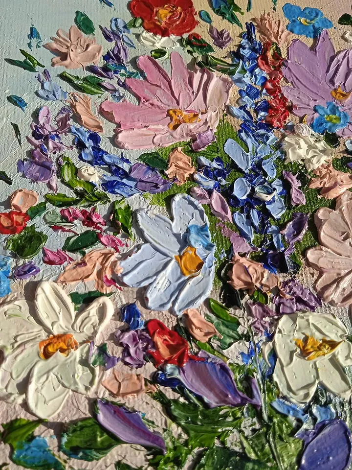 Oil Painting Bright Flowers Chamomile Poppies Impasto Art Miniature 6 x 6 inches