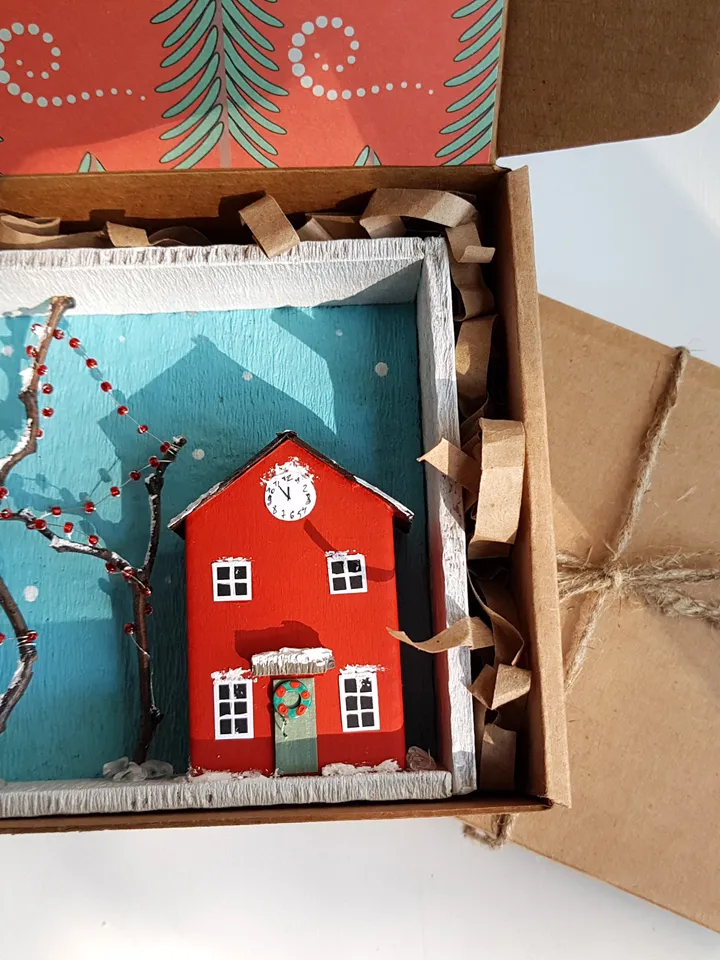 Miniature Christmas Houses Shadow Box 3D painting