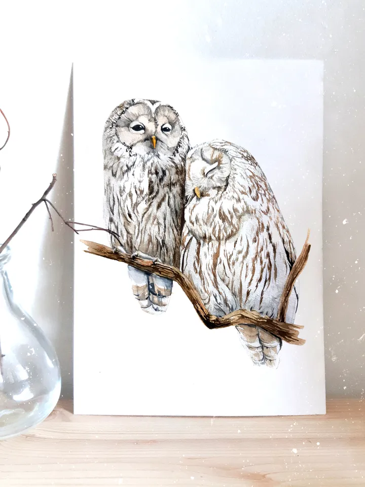Watercolor poster "OWLS", 21x30cm (8"x11")