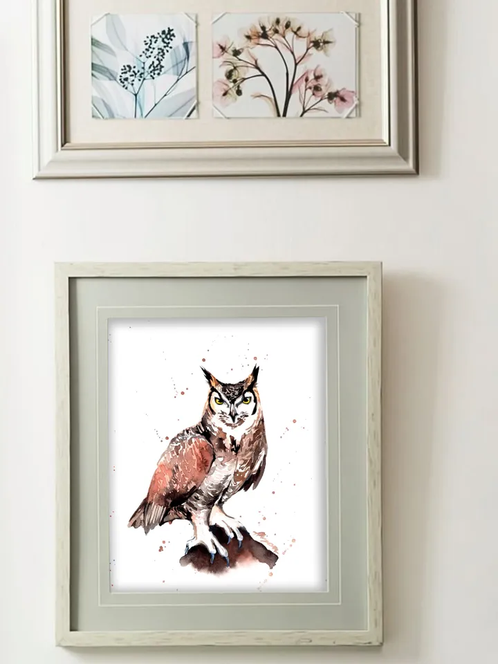 Owl Original watercolor, bird painting, wall decor, birds lover gift, 8x11 in handmade art by Anne Gorywine