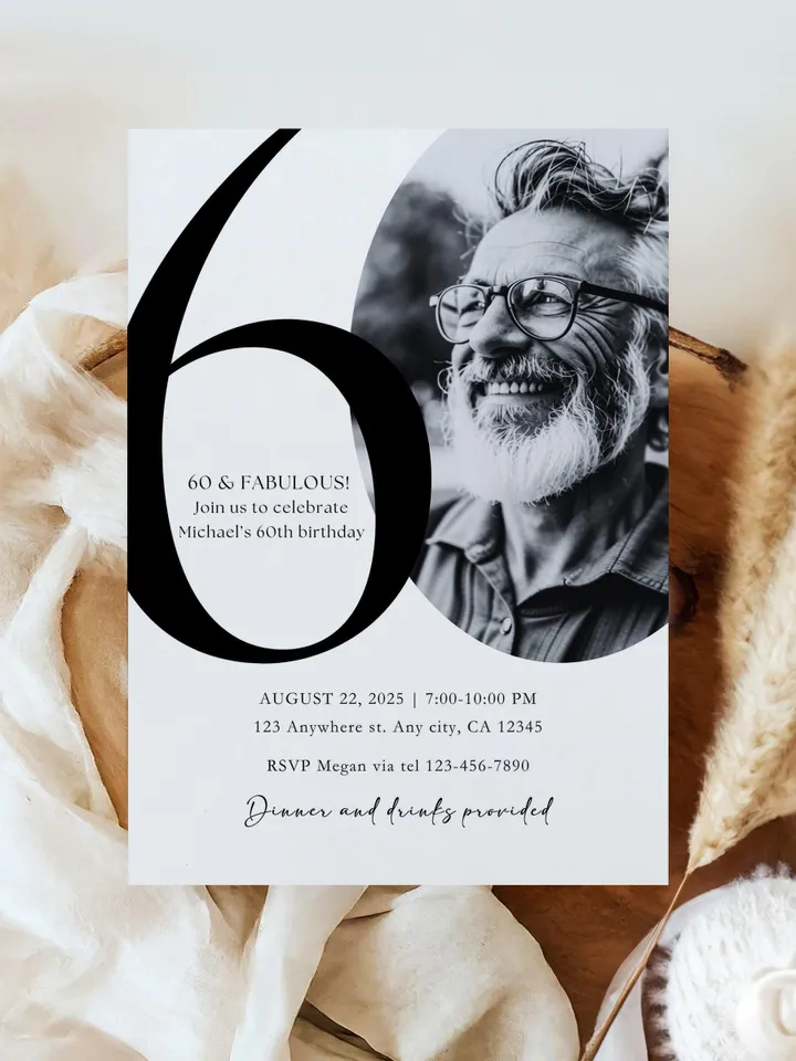 60th Birthday Party Invitation Card, Look Who's 60, Editable 60th Birthday Card Template, Printable Minimalist Birthday Photo Card Canva