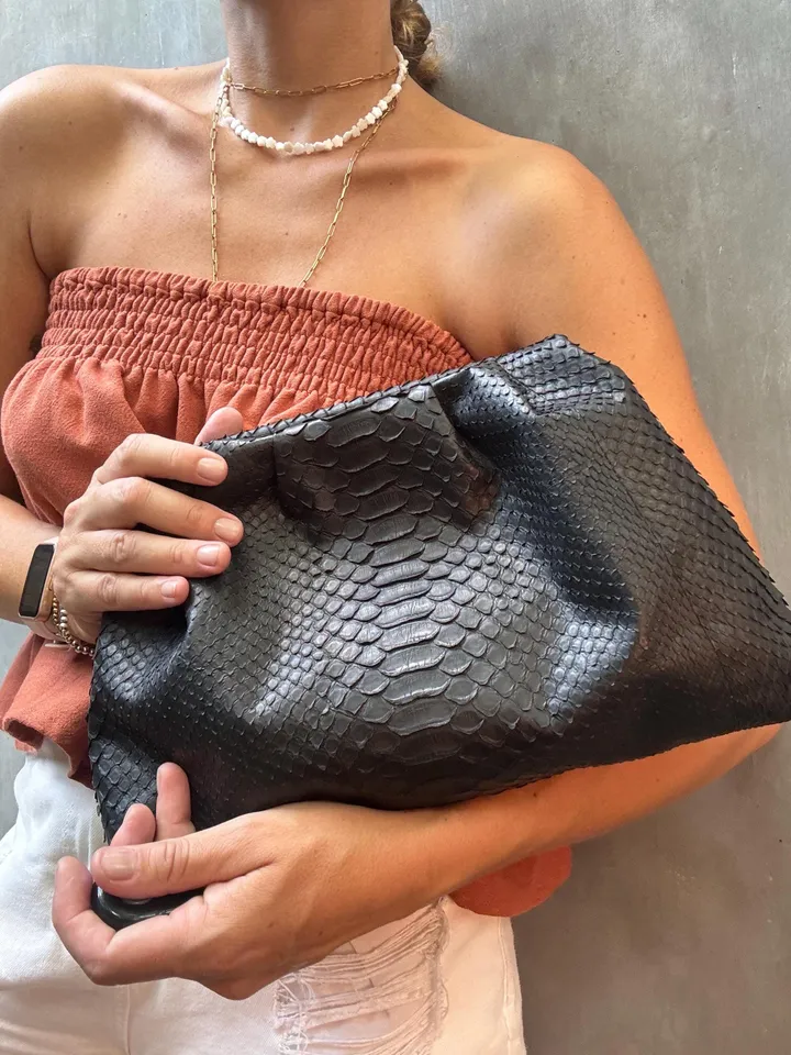 Genuine python skin black  pouch bag | exotic leather bags | medium size soft clutch | snake designer bag | gift for her | classy purse