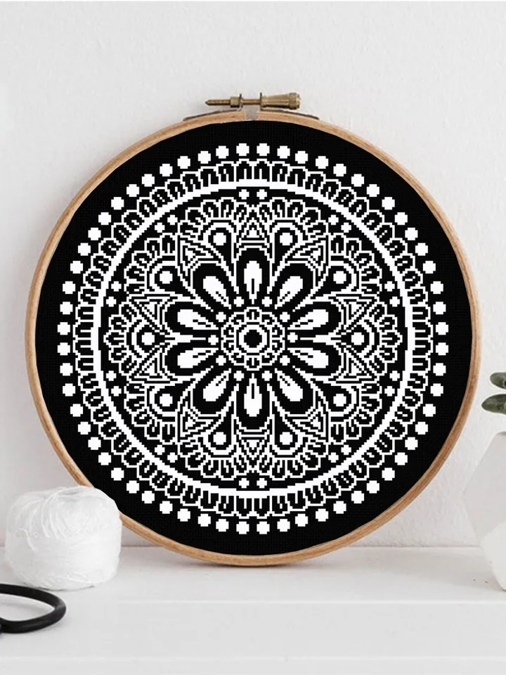 Flower mandala cross stitch pattern download PDF Simple mandala digital Easy monochrome cross stitch circle Modern cross stitch chart #M157