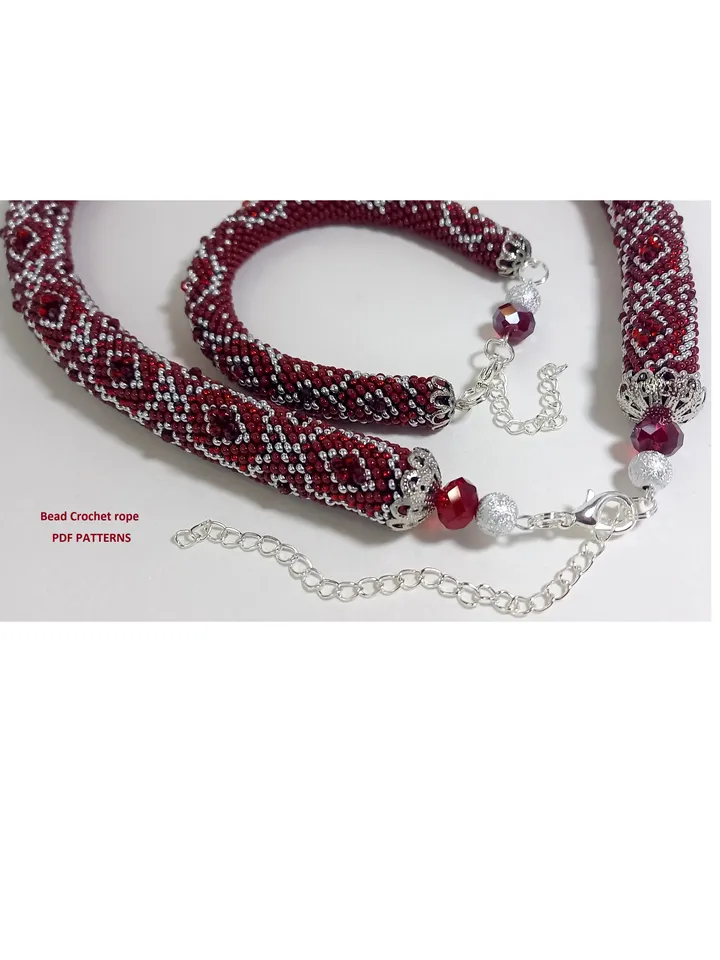 Bead crochet rope patterns for beading «Rubie» necklace and bracelet. PDF patterns, Instant Digital Download